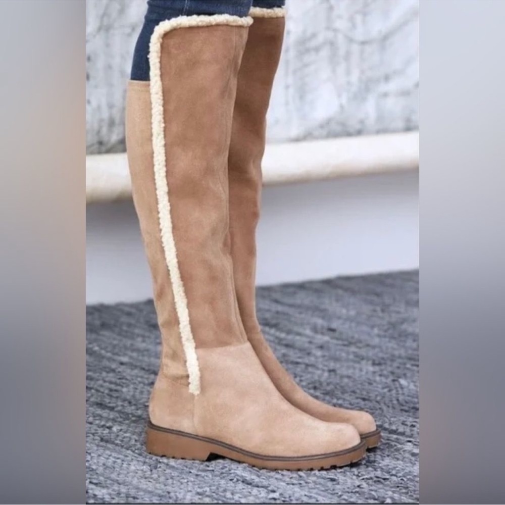 Sole Society “Juno” Over the Knee Boot Suede w Faux Shearling Trim - Taupe